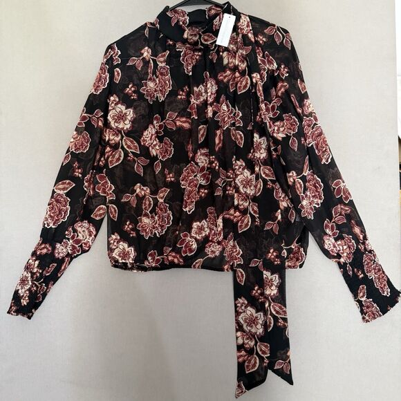 NY&Co Sheer Floral Blouse Medium Front Back Tie Neck  Fall Tones Ruched Sleeves - Picture 2 of 15